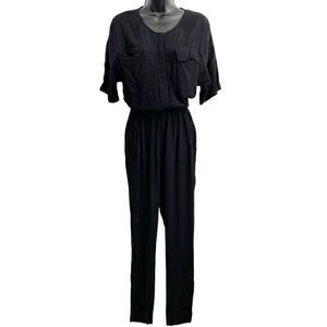 ASTR Silk Blend Short Sleeve Elastic Waist Button Top Jumpsuit Black Extra Small